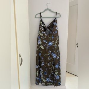Brown silk floral dress with blue and green flowers